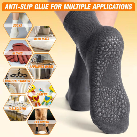 Clear Non Slip Adhesive Glue For Fabrics shown as grip on socks for various home textiles use, including bath mats and rugs.