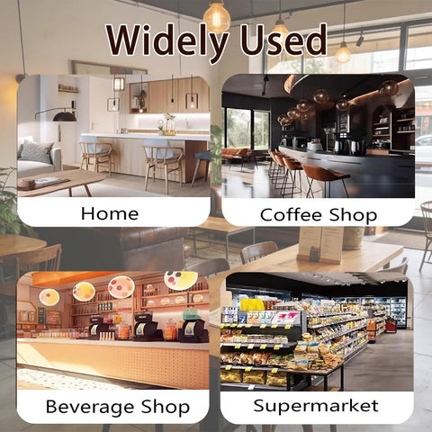 Image showcasing various settings—home, coffee shop, beverage shop, and supermarket for No Sweat Coffee Game Changer Electric Portafilter Cleaner.