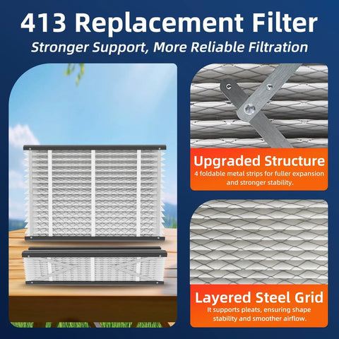 413 Replacement Filter with upgraded structure and layered steel grid for enhanced support and reliable filtration.