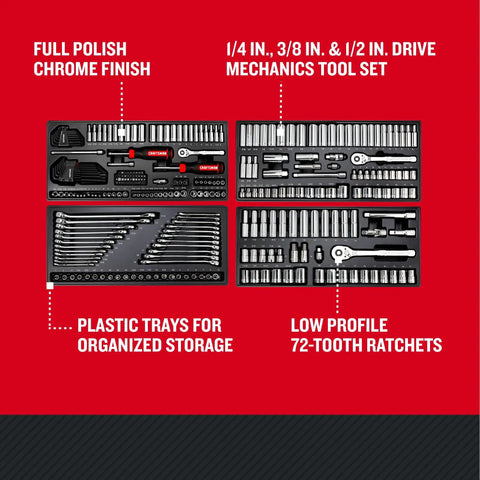 Heavy Duty 308 Piece Mechanics Tool Set With Low Profile Ratchets And 72 Tooth Socket Wrench Trays organized in plastic trays.