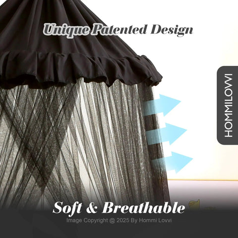 Black Bed Canopy With Star Lights For Kids And Adults, Hanging Sheer Net Curtain, unique patented design, soft and breathable.
