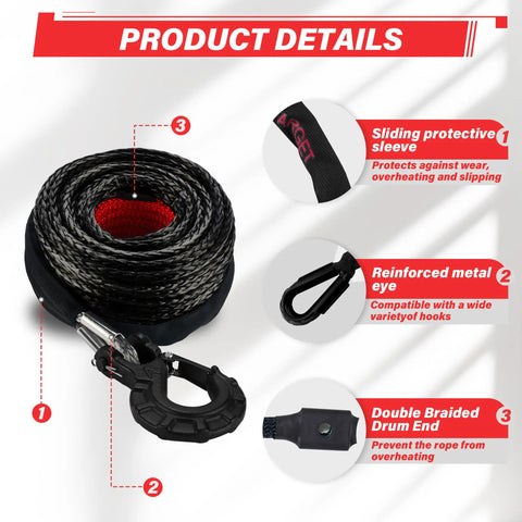 Three Eighths Inch Synthetic Winch Rope Kit With Hook For 4x4 Off Road Rigs, 27000 Lb Capacity, Reflective Safety Strap shown.