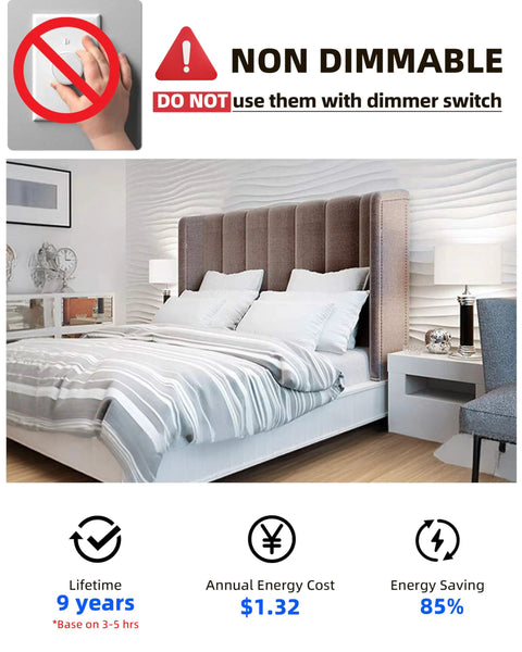 Bedroom setting with bed and lamps featuring Six Pack A19 LED Bulbs That Replace a 60W Bulb, 9W Low Power, Non Dimmable label