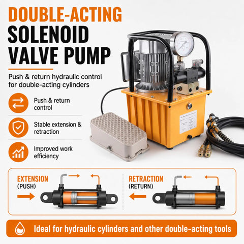 Heavy Duty 750W Electric Hydraulic Pump With Double Acting Design And Pedal Switch Cranking 10000PSI And Dead Accurate Pressure Gauge with foot switch and pressure gauge.