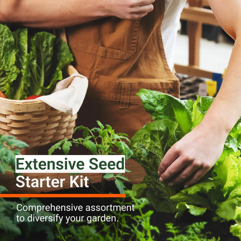 Gardener holding leafy greens with basket of vegetables for 15,000 Heirloom Seeds With 32 Seed Types For Survival Gardeners A Massive Non GMO Vegetable And Fruit Seed Pack For Outdoor And Indoor Planting Ready To Grow At Home In The 2026 Backyard Season.