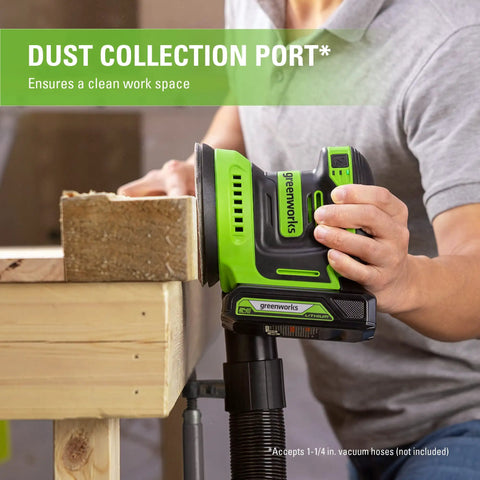 Person using Cordless 24V 5-Inch Random Orbital Sander Kit with Dust Collection Bag on wood