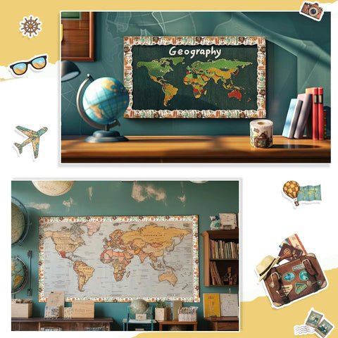 Dope Vintage World Map Travel Bulletin Board Border 68.9 Ft Long 2.99 In High Back To School Decor for classrooms and parties.