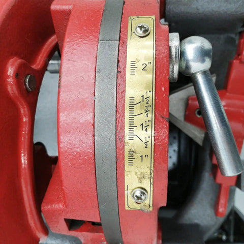 Measurement gauge on Built Tough Electric Pipe Threader Machine For 1/2 To 3 Inch Steel Tubing showing sizes up to 2 inches.