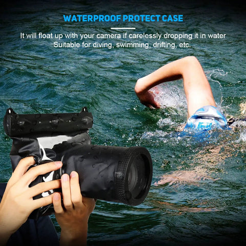 Person swimming with an Underwater DSLR Housing for Deep Sea Capture Gear, 20 Meter Depth Rating Waterproof Case With Full Access
