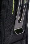 Close-up of clip on Pro Grade Tool Pouch With Seven Pockets For Electricians Rugged Multi Pocket Organizer in black material.