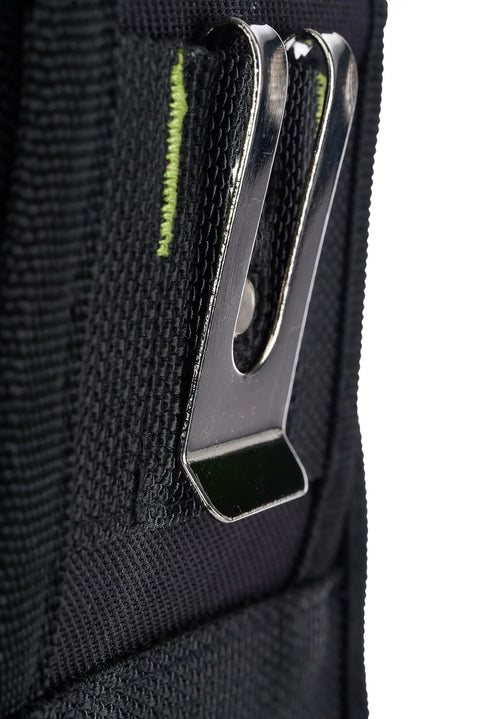 Close-up of clip on Pro Grade Tool Pouch With Seven Pockets For Electricians Rugged Multi Pocket Organizer in black material.