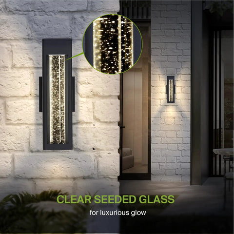 14 Inch Front Wall Light Fixture Outdoor Sconce Black 12W 600LM Waterproof Dimmable 3CCT 3000K 4000K 5000K ETL Listed Exterior Garage Lighting 2 Pack Bundle, showcasing clear seeded glass on a brick wall.