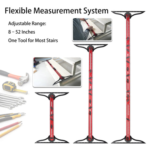 No Sweat Stair Tread Gauge Tool That Hits Marks Dead On With Extendable Folding Ruler and Hidden Screw Rail Guide For Fast Woodworking Layouts and DIY Step Projects, showing adjustable range of 8-52 inches.
