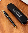 Funny Engineer Gifts For Men And Women Engraved Gel Pen Gift Set For Mechanical Engineers with black pen and case on wooden table.