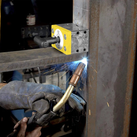 Heavy Duty Magnetic Welding Square Base Clamp Holder with Rock Solid 1050 Lbs Grip, securing steel during welding.