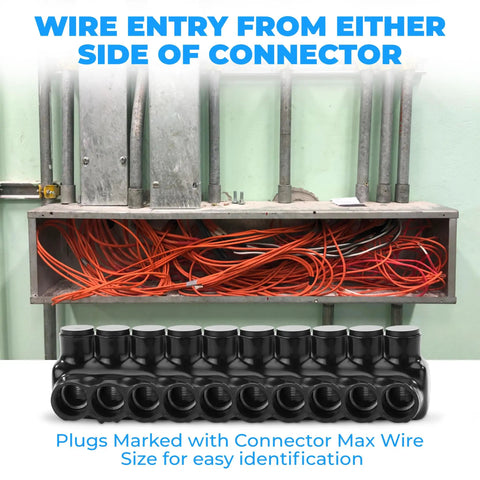 Rock Solid Dual Entry Wire Connectors With Ten Heavy Duty Ports And Slick Black Vinyl Protective Sleeve For Copper Or Aluminum Wiring, showing wire entry points.