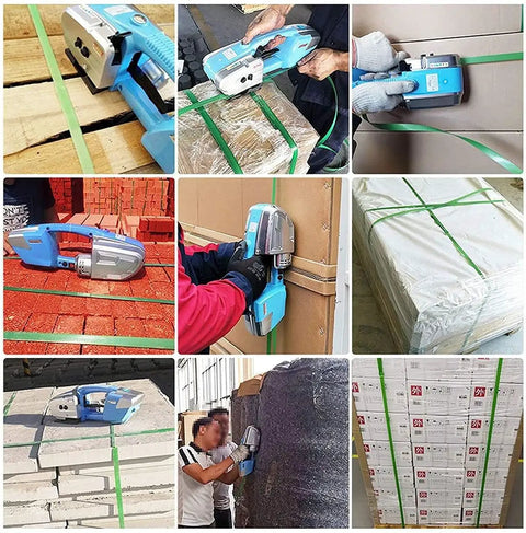 Heavy Duty Cordless Hot Melt Strapping Machine Featuring Smooth Electric Welding Dual Motor Drive Adjustable Tension rechargeable power bander in use on cardboard crate.