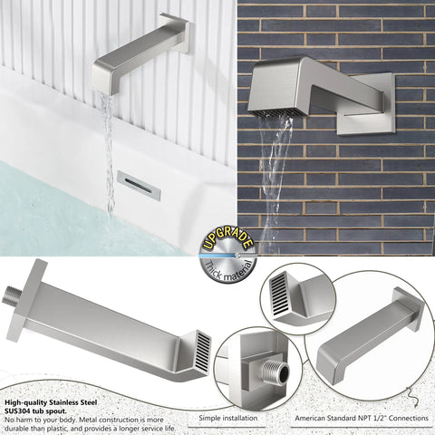 Rain Shower System With Waterfall Tub Spout In Brushed Nickel Two Function Shower Faucet Set with stainless steel tub spout