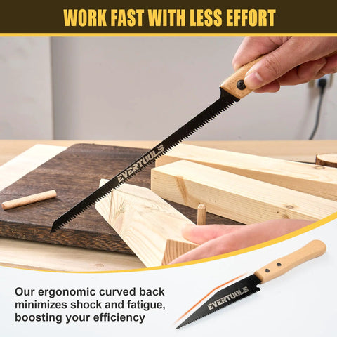 Precision Japanese Pull Saw Set Comes With Heavy Duty Sk5 Steel Ryoba And Flush Cutting Blades For Crisp Woodworking Trim And Yard Pruning Featuring Sweet Swing Action And Zero Sweat Operation, showing 6 inch saw in use on wood.