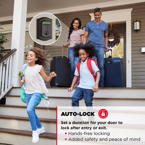 Traditional Fingerprint Deadbolt With Built In Wifi And Smartkey Backup Delivering Smooth Proximity Locking Voice Sync And Polished Venetian Bronze shown on a front door with family exiting.