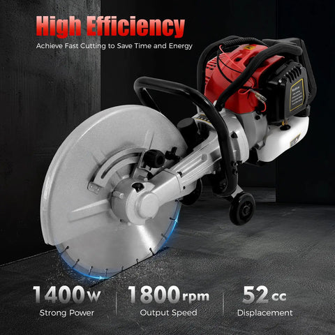 Badass Heavy Duty Concrete Cut Off Saw With Razor Blade And Rock Solid Steering Wheel Pro Masonry Workhorse For Wet Dry Brick Stone And Mortar Rough Jobs Around Town, showing 1400W motor and steel blade.