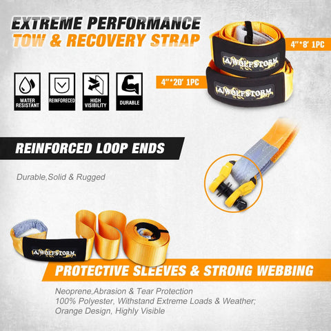 Beefy Off Road Winch Recovery Kit 8 Piece Set With 4x20 Tow Strap 4x8 Tree Saver shown with reinforced loop ends and orange design.