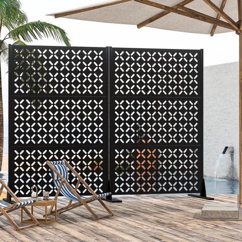 Outdoor Metal Privacy Screen With Stand 72 Inch High By 46 Inch Wide Freestanding Garden Divider For Deck Patio Balcony And Yard Rust Resistant Durable X Shaped Screen For Indoor And Outdoor Use by poolside with chairs