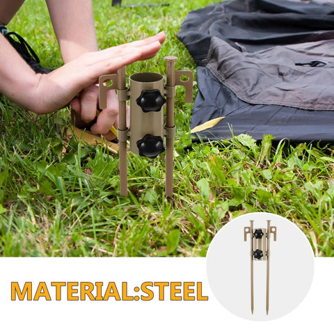 Six Piece Adjustable Camping Tarp Poles And Sand Stakes Kit with khaki pole holder on grass for lawn shelter setup