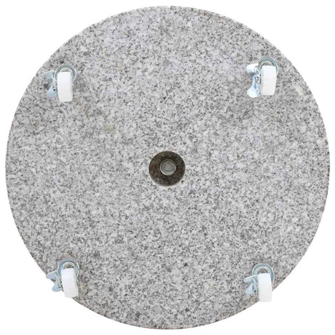 Rock Solid Granite Parasol Base Heavy Duty Umbrella Weight Plate With Smooth Rollers And Secure Locks Grey Stone outdoor stand top view showing grey granite plate and rollers.