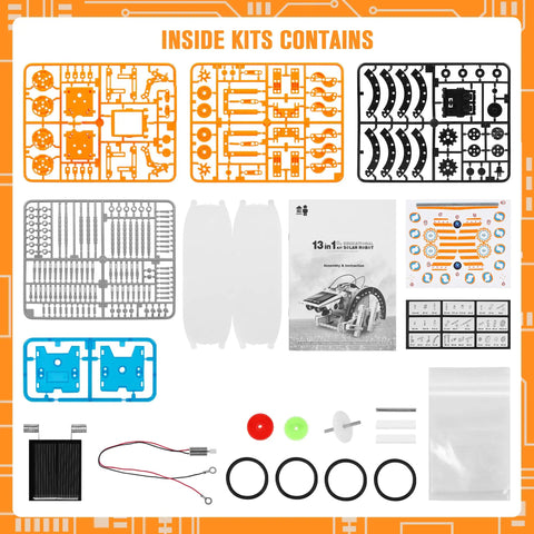 Components of Sun Powered 13 in 1 Solar Robot Kit for Kids Ages 8 to 12 including panels, gears, and instructions.