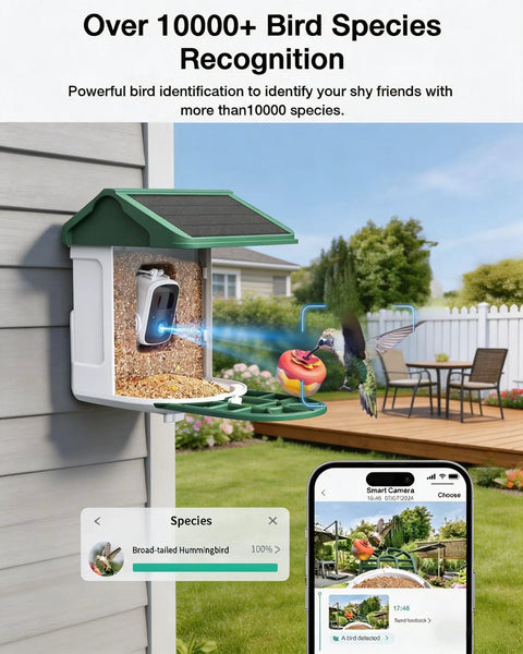 Solar Powered Bird Feeder With Camera, 2K Live Feed, Smart AI Bird Recognition, 2L Seed Capacity, installed on house wall.