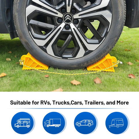 Heavy Duty Wheel Chocks For Rvs And Trailers under tire on grass, bright yellow with chain, designed for parking safety.
