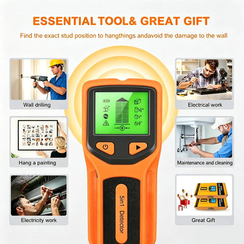 Zero Guesswork Dead Accurate Five In One Stud Finder Wall Scanner With Advanced Smart Chip And HD LCD Display for easy stud detection.