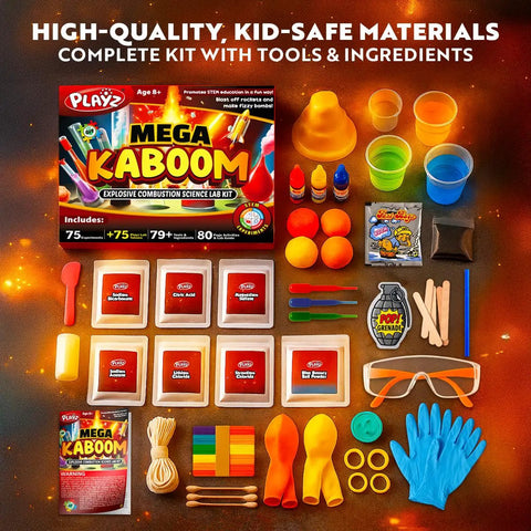Totally Explosive Chemistry Kit For Curious Kids Ages 8 To 12 With Over 150 Experiments And 75 App And Video Guided Projects STEM Education Toys Gift For Boys Girls Teens And Kids displayed with tools and ingredients