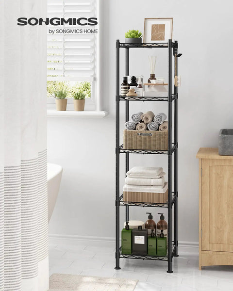 Tiny Bathroom Game Changer Five Tier Storage Rack Super Compact Organizer Hella Sturdy Powder Coated Steel Build displaying towels and lotions.