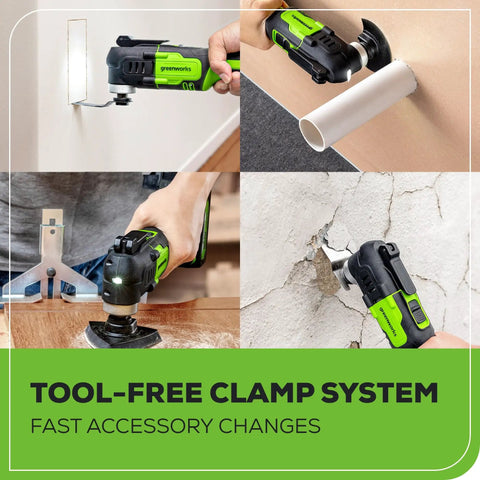 Cordless Oscillating Multi Tool For Cutting Scraping Sanding And Nailing, 18,000 OPM, 6 Speed Settings in use on various materials