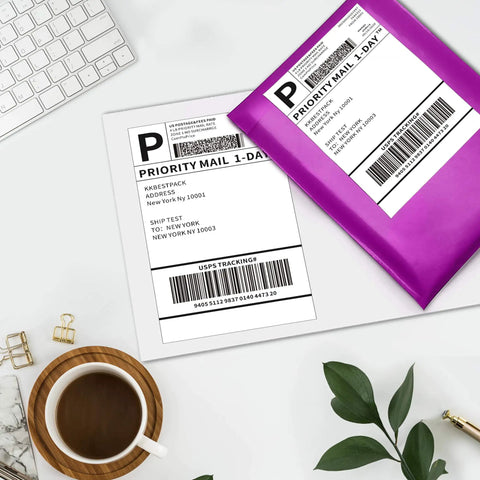 Top Shelf Half Sheet Shipping Labels For Laser And Inkjet Printers With Grip Tight Self Adhesive Backing on packages.