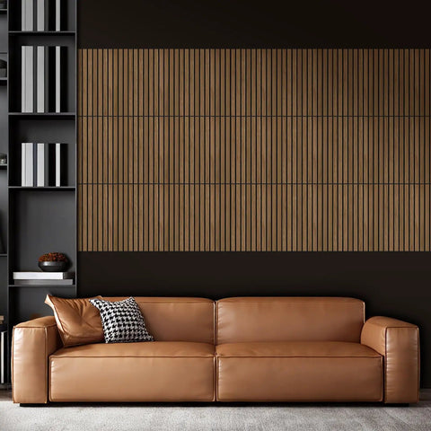 Walnut Acoustic Wall Panels 12 Pack Self Adhesive 16 By 12 By Four Tenths Of An Inch Covering 16 Sq Ft in living room setting