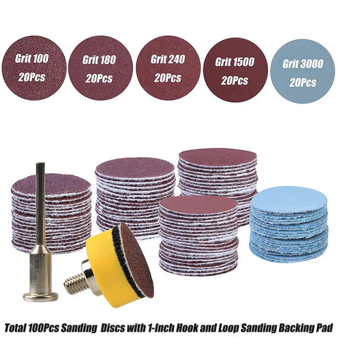 100 Pcs 1 Inch Sanding Disc Kit with Hook and Loop Backing Pads, Five Grits Set for Ultra Smooth Finishes