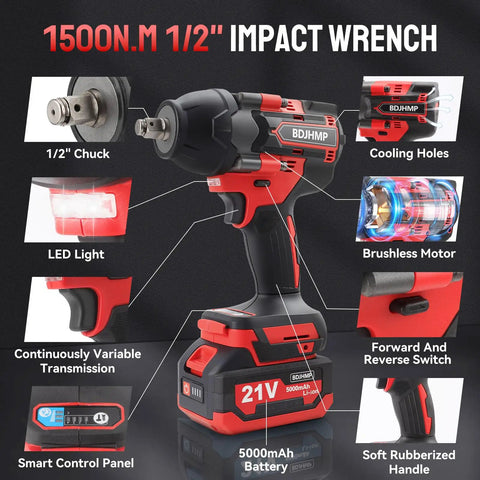 Image of Straight Up Tough As Nails Cordless Impact Wrench 1/2 Inch Square Drive with LED light and brushless motor.