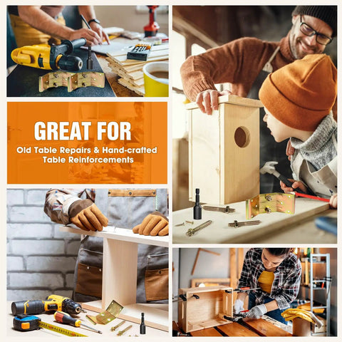 Heavy Duty Table Leg Brackets With Hanger Bolt Driver Kit Sturdy Iron Corner Brace Supports For Wood Furniture Assembly in use for table reinforcements.