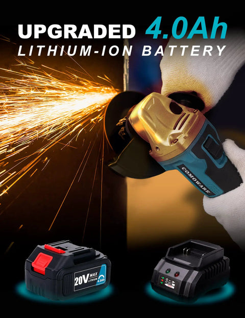 Cordless Four And A Half Inch Angle Grinder With 20V Brushless Motor 4Ah Battery grinding metal with sparks flying