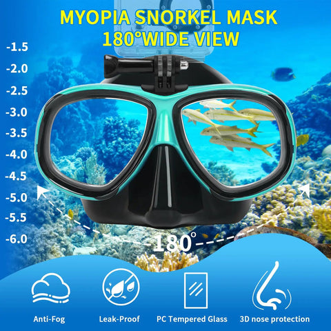 Myopia Friendly Snorkeling Set For Adults And Youth With Dry Top Silicone Mask displaying correction levels and ocean view