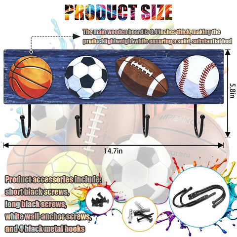 Hang Your Game Day Gear On This Slick Sturdy Four Hook Wooden Wall Rack Built For Displaying Baseball Basketball Football Jerseys And Athletic Room Storage, 14.7" x 5.8"