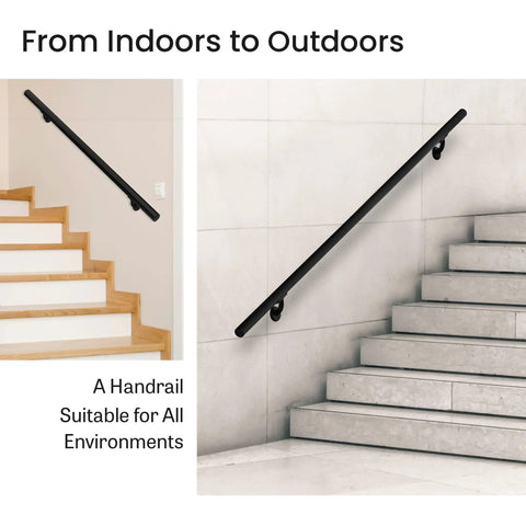 Aluminum Handrail Kit For Indoor And Outdoor Steps And Stairs mounted on wall by wooden and concrete stairs, shown indoors and outdoors.