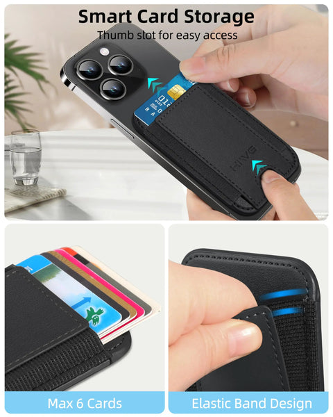 MagSafe Wallet For iPhone 17 Through 12 Series With 7 Card Slots RFID Blocking Vegan Leather Minimalist Slim Design 4200g Magnetic Hold Case Friendly 1 Slot Black on iPhone with cards.