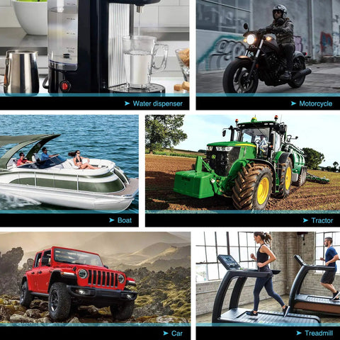 Collage of a water dispenser, motorcycle, boat, tractor, car, and treadmill, showcasing various modes of transport and appliances