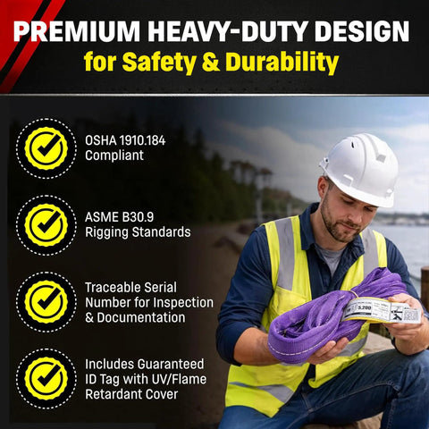 Rock Solid 6 Foot Purple Round Polyester Lifting Sling Rated At 2600 Lbs Vertical And 2080 Lbs Choker Capacity Built Damn Tough For Heavy Industrial Jobs Made Legit Stateside, being inspected by a worker.