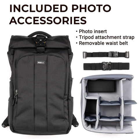 Roll Top 30L Camera Backpack With Laptop Sleeve And Rain Cover Asphalt Black with photo accessories, insert, and straps.