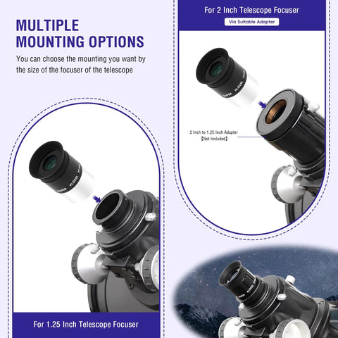17mm 52 Degree Super Plossl Eyepiece for Telescopes 1.25 Inch Barrel showing multiple mounting options on telescope